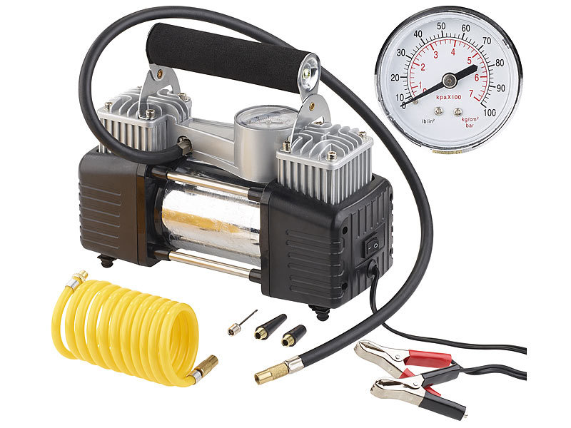 Lescars Mobiler Luft-Kompressor, Manometer, 12 V, 100 psi, 288 Watt, 3  Adapter