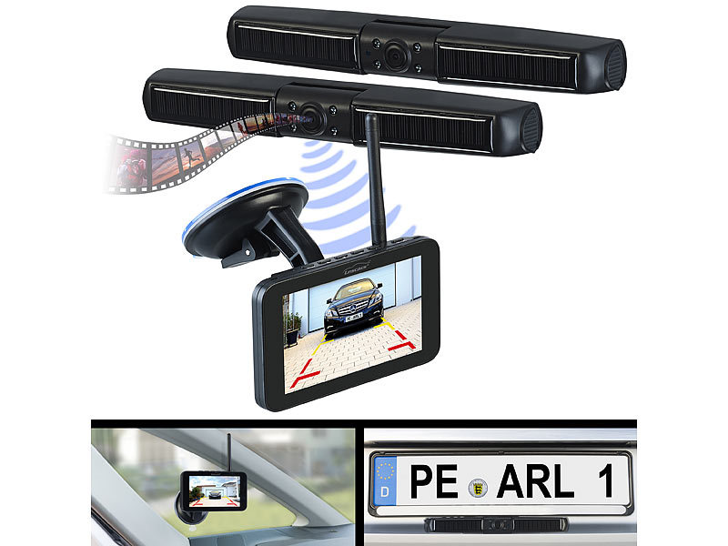 Lescars Solar-Funk-Front und Rückfahrkamera mit Full HD und 5 Monitor